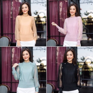 เสื้อไหมพรมยืดแขนแต่งผ้าลูกไม้