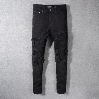 AMIRI balck jeans knife cut destruction patch slim jean