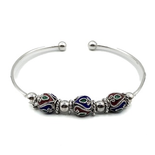 กำไลเงินหัวกลมเกลี้ยง ชาร์มลงยาลายหัวใจ เงินแท้ 92.5% : DSP 925 Sterling Silver Enameled Beads Charm Bangle [GEM0001]