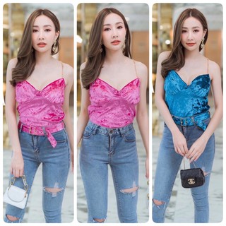 บอดี้สูทกำมะหยี่ bodysuit สายเดี่ยว เสื้อบอดี้สูทสายโซ่ทอง หรูหรามาก มาพร้อมเข็มขัดสวยๆ