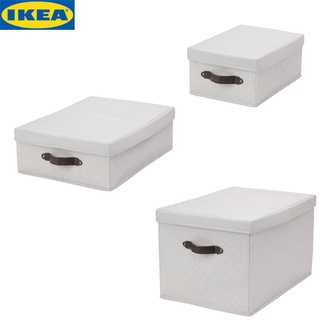 IKEA BLÄDDRARE แบลดดราเร กล่องผ้าพร้อมฝาปิด, เทา/มีลาย 3 ขนาด กล่องเก็บของ กล่องเก็บเสื้อผ้า กล่องเก็บรองเท้า