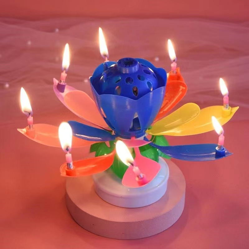 ดนตรีดอกบัวหมุนเค้กTopperเทียนปาร์ตี้วันเกิดแผ่นเรืองแสงของขวัญbirthday cake lotus candle 开花蜡烛