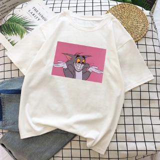 Cat Mouse Print Cartoon Casual cute Summer Top Fun Spoof Female Loose Couple Large Size O-neck Ulzzang Vintage T-Shirt