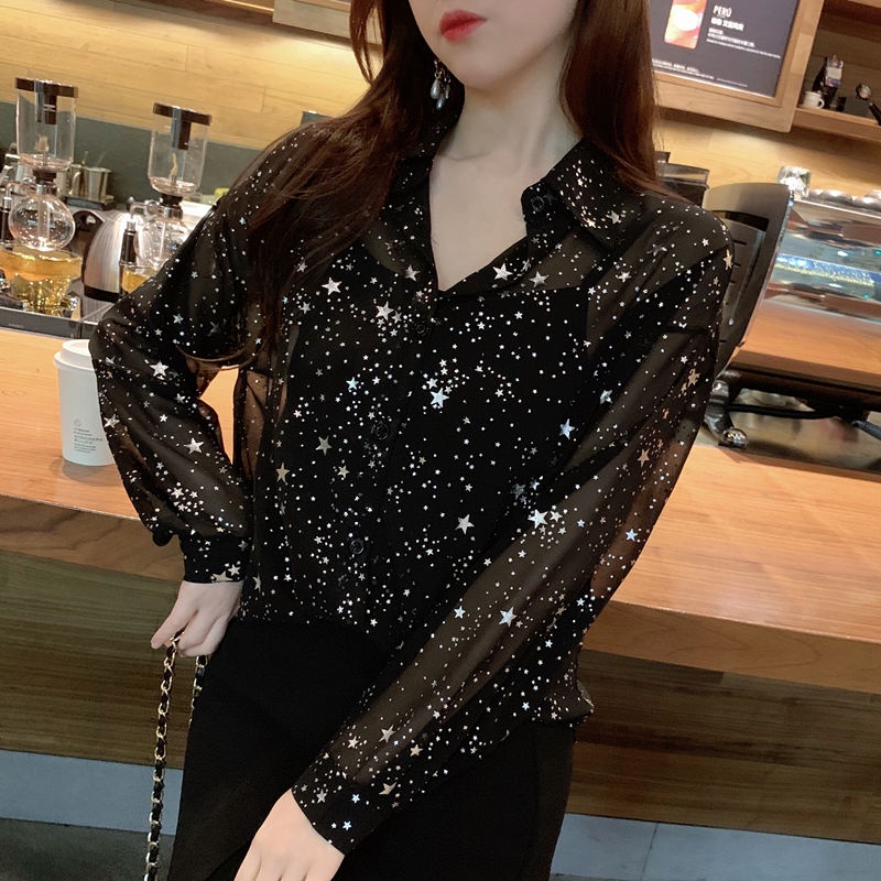 เสื้อเชิ้ตแขนยาว ผ้าชีฟอง ประดับเลื่อม สีดํา สไตล์เกาหลี วินเทจ แฟชั่นฤดูร้อน สําหรับผู้หญิง 2022 2022