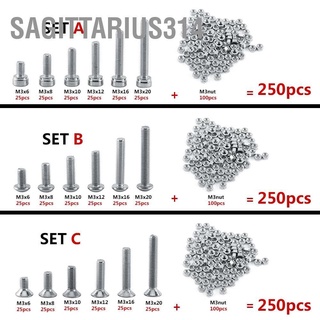 Sagittarius314 สกรูซ็อกเก็ตหกเหลี่ยม สเตนเลส M3 A2 พร้อมน็อต 250 ชิ้น