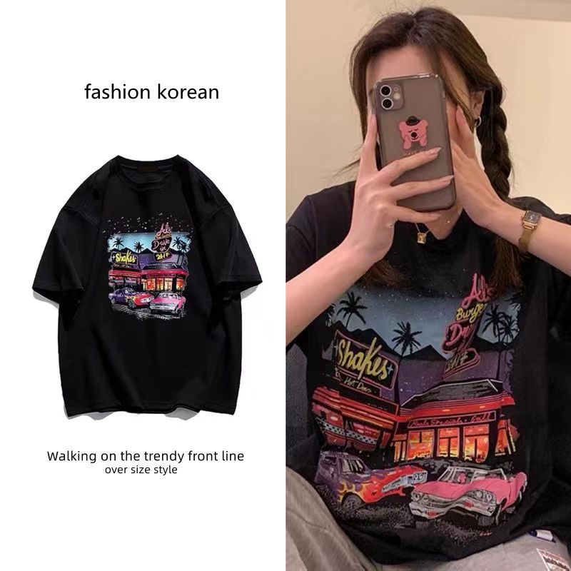 เสื้อยืดแฟชั่นผู้หญิงที่กําลังฮิต oversize เสื้อผ้าวินเทจผู้หญิงสาวอวบ เสื้อโอเวอร์ไซส์ลายการ์ตูนหมี น่ารักสไตล์เกาหลี