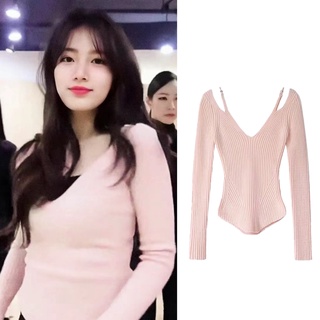 Suzy Bae เสื้อกันหนาว คอวี ผ้าถัก สีชมพู สําหรับผู้หญิง จํานวน สองชิ้น