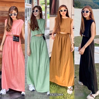 ⚡️🌈ชุดเที่ยว Maxi Dress เดรสยาว แขนกุด ช่วงเอวเว้าหน้า เอวดึงยางสม็อกยืดได้เยอะ มีกระเป๋าข้างสองข้าง