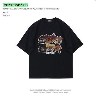 เสื้อยืดแขนสั้น พิมพ์ลายการ์ตูน PEACESPACE ทรงหลวม สไตล์ฮิปฮอป เรโทร เหมาะกับฤดูร้อน แฟชั่นคู่รัก