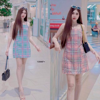 👗Pfashion [ส่งไว!!🚛] P13996 เดรสสายเดี่ยวลายสก็อตโบว์หลัง One-shoulder dress with back bow