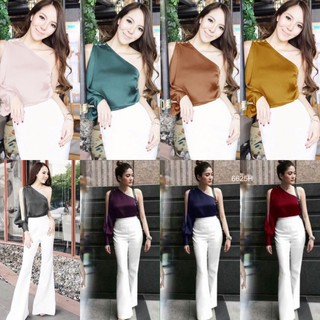 👗Pfashion [ส่งไว!!🚛] P6625 	Set เสื้อไหล่เดียว + กางเกง  Set one shoulder top + pants