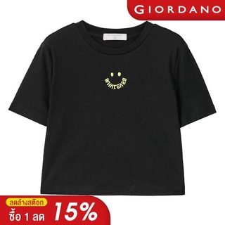 HH Giordano ผู้หญิง เสื้อยืดแขนสั้นคอกลมผ้าคอตตอนปักหน้ายิ้มแบบสั้น 18321609 คอกลมเสื้อยืด