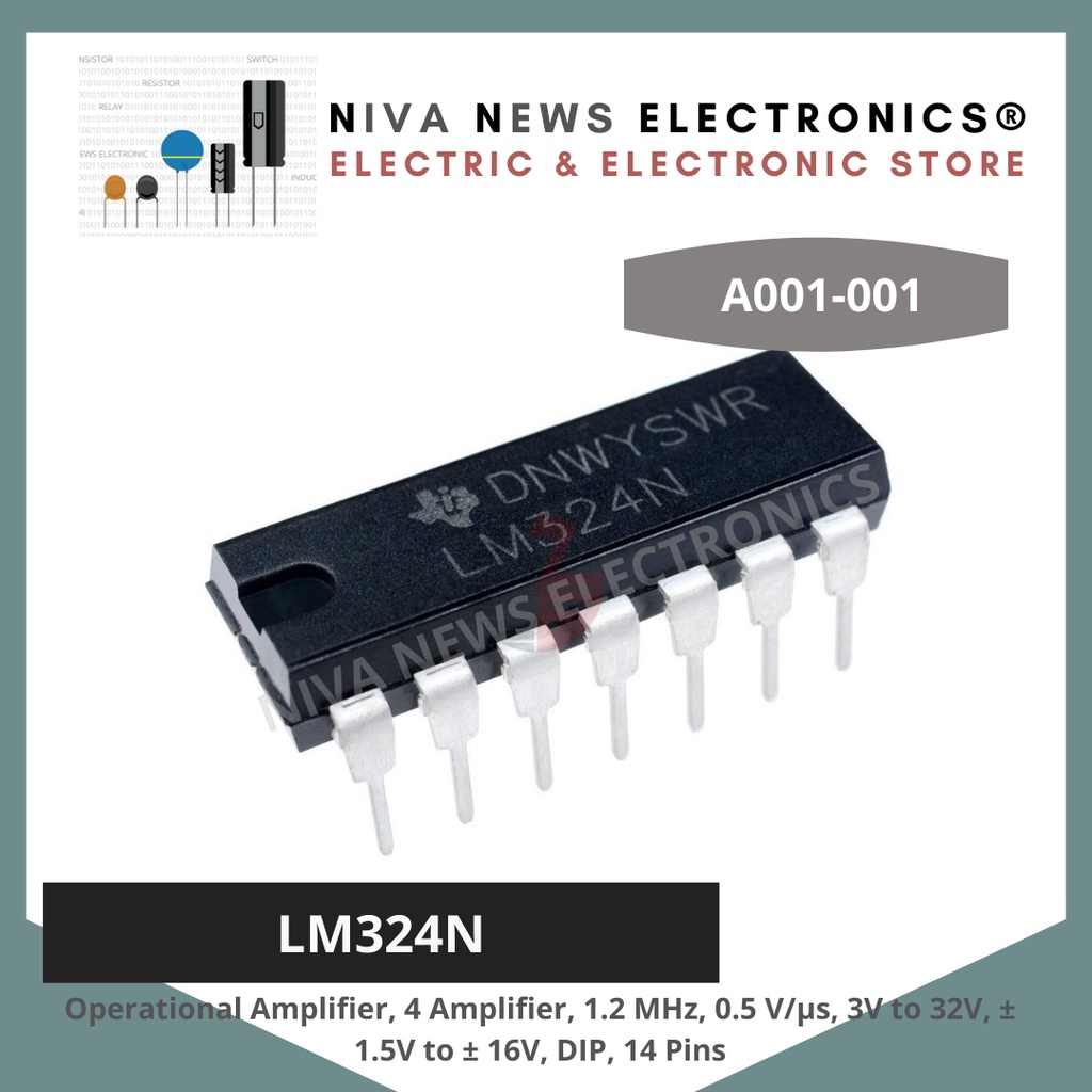 LM324N Operational Amplifier, 4 Amplifier, 1.2 MHz, 0.5 V/μs, 3V to 32V, 1.5V to 16V, DIP, 14 Pins