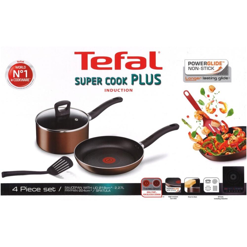Tefal Induction Non Stick Super Cook Plus ชุดเครื่องครัว 4 ชิ้นหม้อและกระทะ