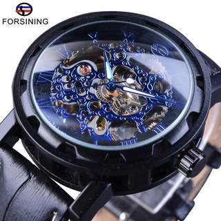 Forsining Blue Dial Display Steampunk Gear Movement Leather Belt Men Watch Top Brand Luxury Mens Skeleton Watch Automat