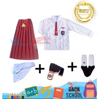 Seragam Sekolah SD Merah Putih Anak Perempuan Seragam Sekolah SD Merah Putih Setelan Anak Perempuan Panjang Kelas 1-6 SD Lengkap Bonus Jilbab Putih Anak Perempuan