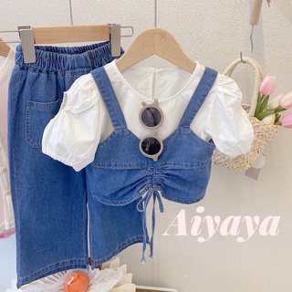Aiyaya ชุดเสื้อผ้าเด็กผู้หญิง ชุดยีนส์เด็กผู้หญิง Set เสื้อ + เสื้อกั๊ก + กางเกงขากว้าง 3 ชิ้น（261）
