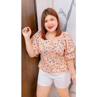 เสื้อคอเหลี่ยม กระดุมแต่งด้านหน้า สม็อคหลังผ้าไหมอิตาลีพิมลายดอก อก 38-48ยาว 25 นิ้ว