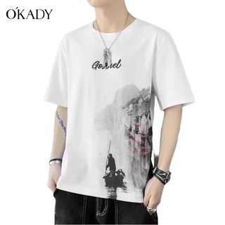 OKADY เสื้อยืดแขนสั้น ฤดูร้อนใหม่เสื้อครึ่งแขนคอกลมพิมพ์ลายเสื้อยืดผู้ชายแฟชั่นแขนสั้น เสื้อยืดแขนสั้นผู้ชาย