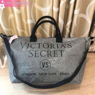 Victorias Secret CANVAS GLITTER GREY LARGE RUNWAY SLING BAG  ของแท้ ราคาถูก