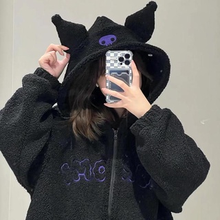 ✯เสื้อโค้ท แบบหนา แฟชั่นฤดูใบไม้ร่วง และฤดูหนาว✯Kuromi jk เสื้อกันหนาว มีฮู้ด ผ้าขนสัตว์เทียม แบบหนา ปักลาย ทรงหลวม สีดํา แฟชั่นฤดูใบไม้ร่วง และฤดูหนาว สําหรับเด็กผู้หญิง