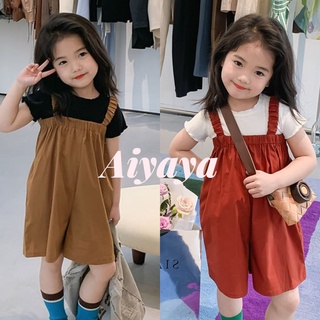 Aiyaya ชุดเอี้ยมเด็กผู้หญิง ชุดสายเดี่ยวเด็กผู้หญิง เสื้อยืดแขนสั้น + จั๊มสูทเอี๊ยม ชุดเซต 2 ชิ้น（255）