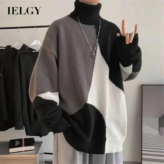 Ielgy เสื้อกันหนาว คอสูง จับคู่สี แบบนิ่ม สําหรับผู้ชาย