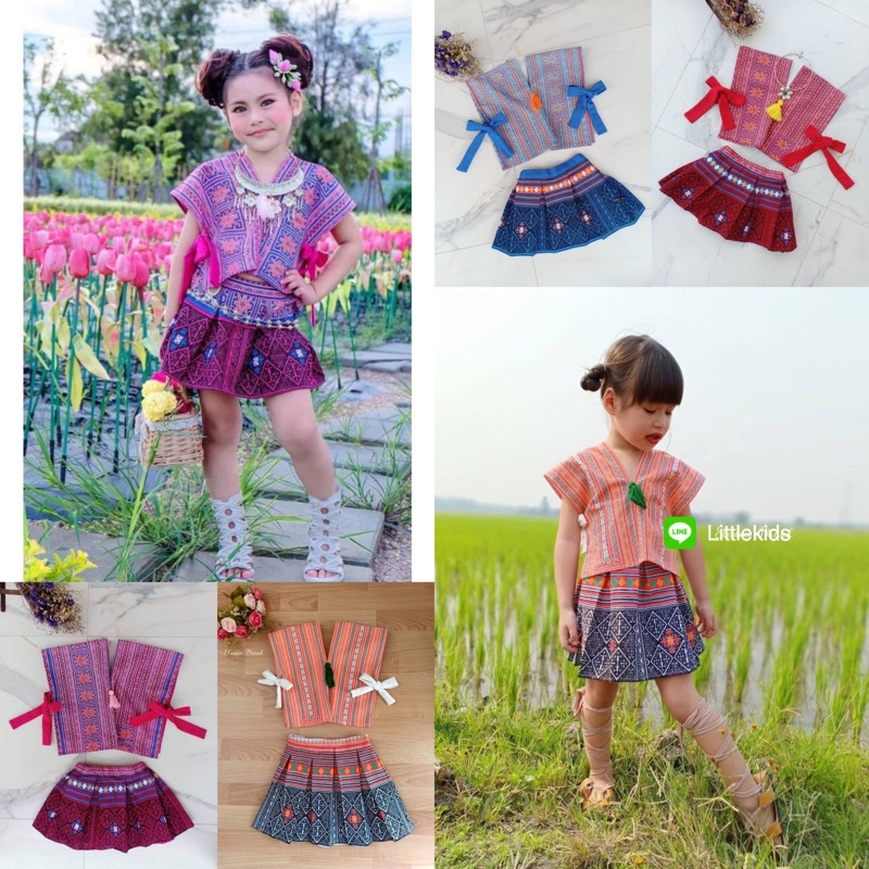 (รหัสEL)ชุดชาวเขาเด็กหญิงกระโปรงทวิส งานผ้าฝ้าย สวมใส่น่ารัก