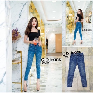 G.D.Jeans รุ่น 90056#กางเกงยีนส์ขายาวผ้ายืดทรงเดฟสีเข้มพิมพ์ลายดอก