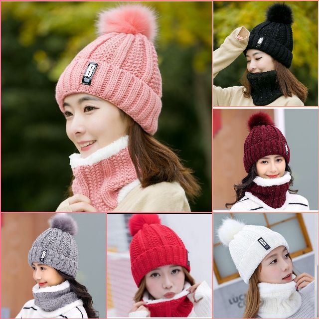 พร้อมส่ง เซทหมวกจุก + ผ้าพันคอ หมวกไหมพรม 7 สี