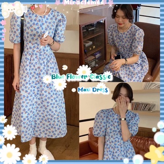 Blue Flower Maxi Dress พร้อมส่ง เดรสคอกลม ลายดอกไม้ กระดุมด้านหน้า โทนสีฟ้า เดรสกระโปรง แขนตุ๊กตา งานป้าย