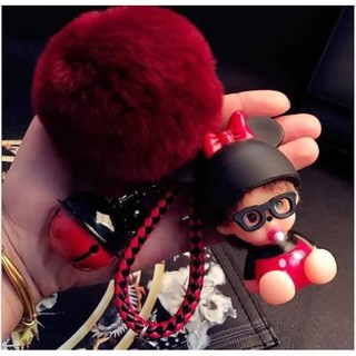 ㍿✵พวงกุญแจตุ๊กตามอนชิชิ Monchhichi สีแดง-ดำ POM แดงเข้ม น่ารัก ฟรุ้งฟริ้งเครื่องประดับแฟชั่นพวงกุญแจน่ารัก🎁🎀✨🎗🎈