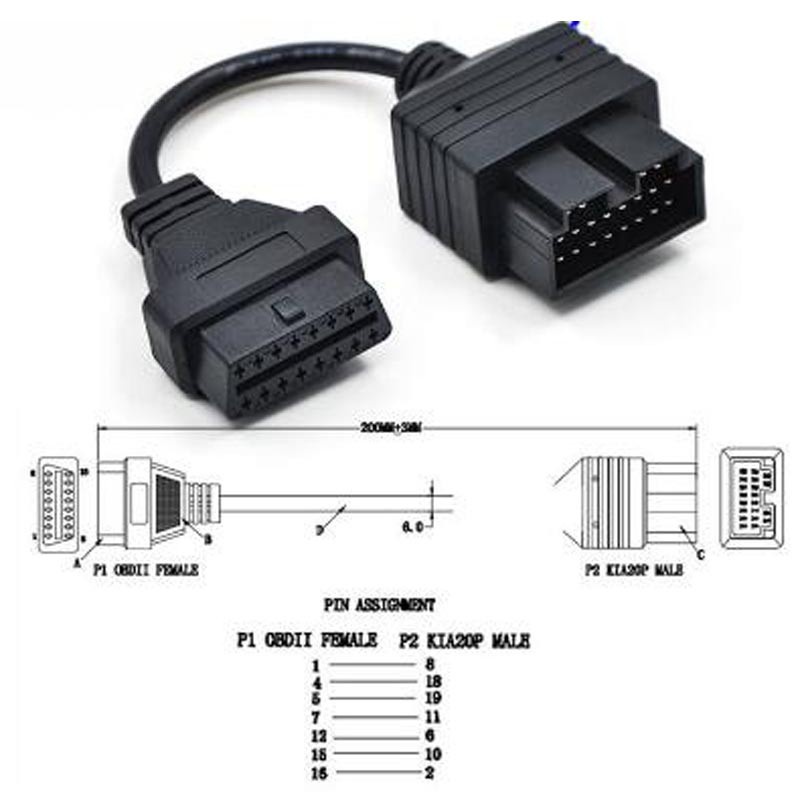 ELM327 OBD 2 สําหรับ KIA 20 Pin ถึง 16 OBD2 เครื่องมือวินิจฉัยเครื่องสแกนเนอร์รหัส Reader อะแดปเตอร์รถ Connector