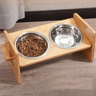 Double Bowl Dog Cat Feeder ที่วางจานยกสูงที่วางจานให้อาหารน้ำ ฐานไม้ไผ่ ชามอาหารแมวสุนัข