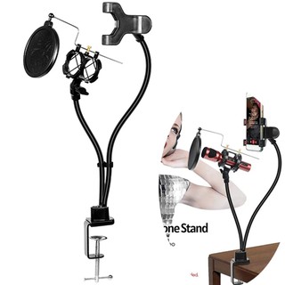 Microphone Stand 2-In-1 Mic Smartphone Clip Holder Desktop Mic Flexible Hose Support for Live Streaming Recording Stand