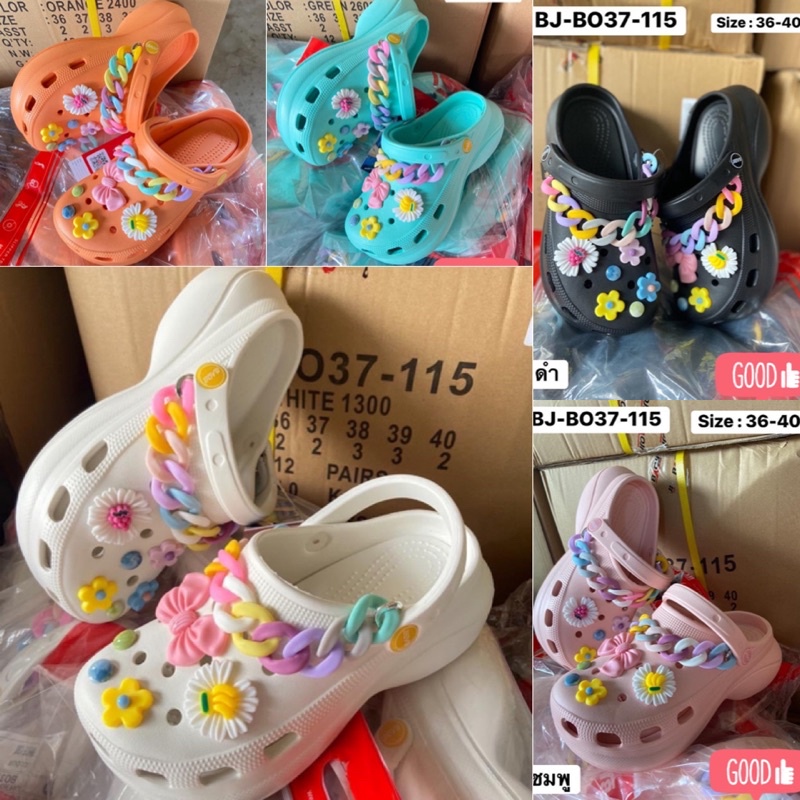 🔥พร้อมส่ง🔥รองเท้า BAOJI แท้💯% รองเท้าหัวโตลายดอกไม้พร้อมโซ่ พื้นสูง 6 ซม. พื้นนุ่ม ใส่สบายมาก ๆ รุ่น