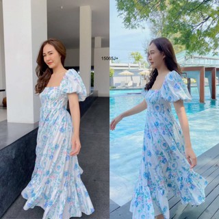 Maxi Dress แม็กซี่เดรสแขนบอลลูน ผ้า 100D พิมพ์ลายดอกไม้