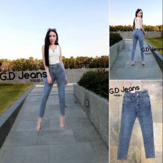 G.D.Jeans รุ่น 90030-1#กางเกงยีนส์ขายาวผ้ายืดเอวสูงกระดุมหน้าสองเม็ดสีฟอกทรงเรียบ