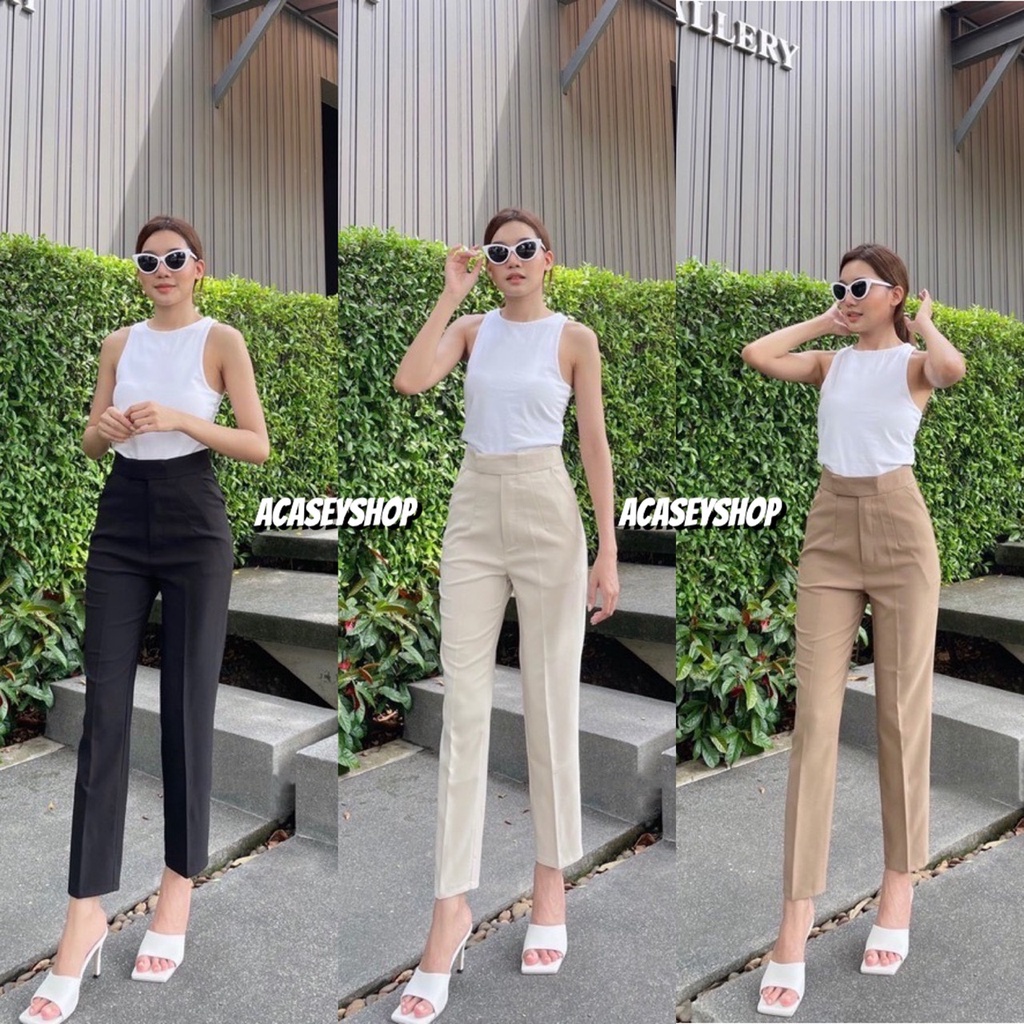 Acasey กางเกงขายาวผู้หญิง 9ส่วน ขอบยื่นตะขอ ขากระบอกเล็ก ไซส์ S - XL
