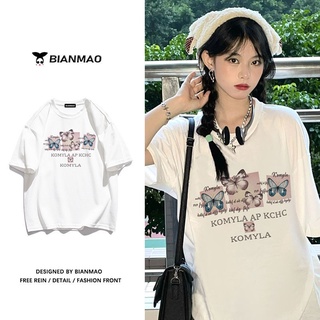 2022 new American retro light pink butterfly loose short-sleeved top womens summer tide ins cotton white T-shirt