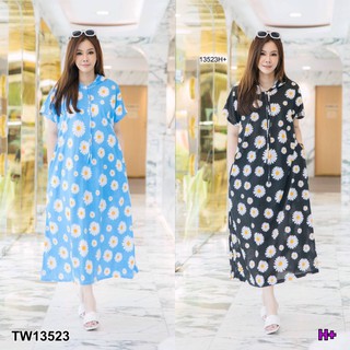 MF13523🍓 Maxi Dress #สาวอวบ แม็กซี่เดรส แขนสั้น มีฮู้ด ทรงเอ มีกระเป๋าล้วงข้างลำตัว เนื้อผ้าคอตตอนผสม พิมพ์ลายดอกเดซี