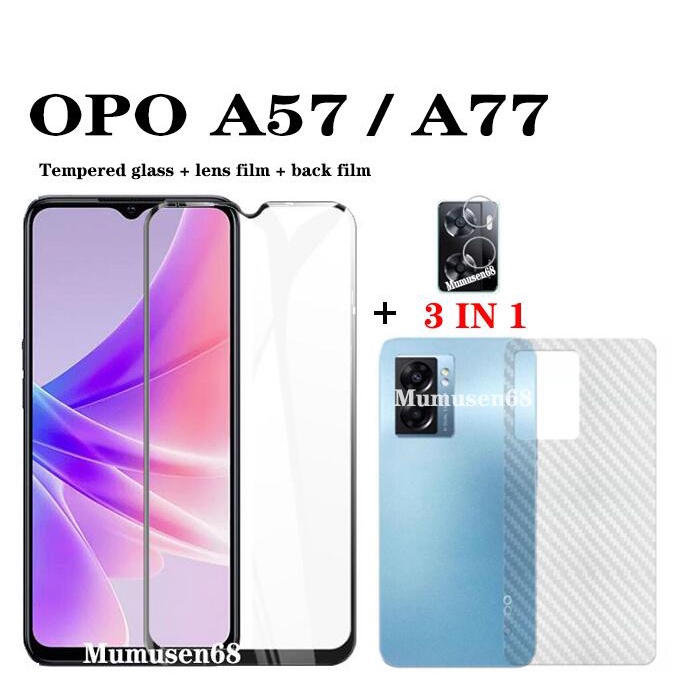 (3 In 1)OPPO A57 4G A77 A16 A16K A31 A15 A5 A7 A15S A74 A54 A55 A94 A76 A95 4G A96 ฟิล์มกระจกนิรภัยแบบเต็มหน้าจอ + ฟิล์มเลนส์ + ฟิล์มด้านหลัง + ฟิล์ม