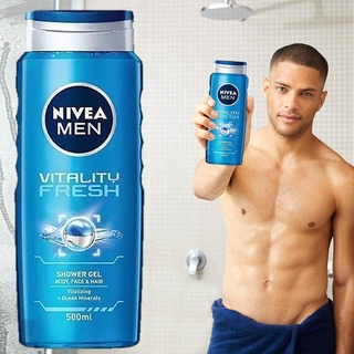 NIVEA Men Vitality Fresh with Ocean Minerals Shower Gel for Body/Face/Hair 500mlเจลอาบน้ำทำความสะอาดผิวกายผิวหน้าเส้นผม