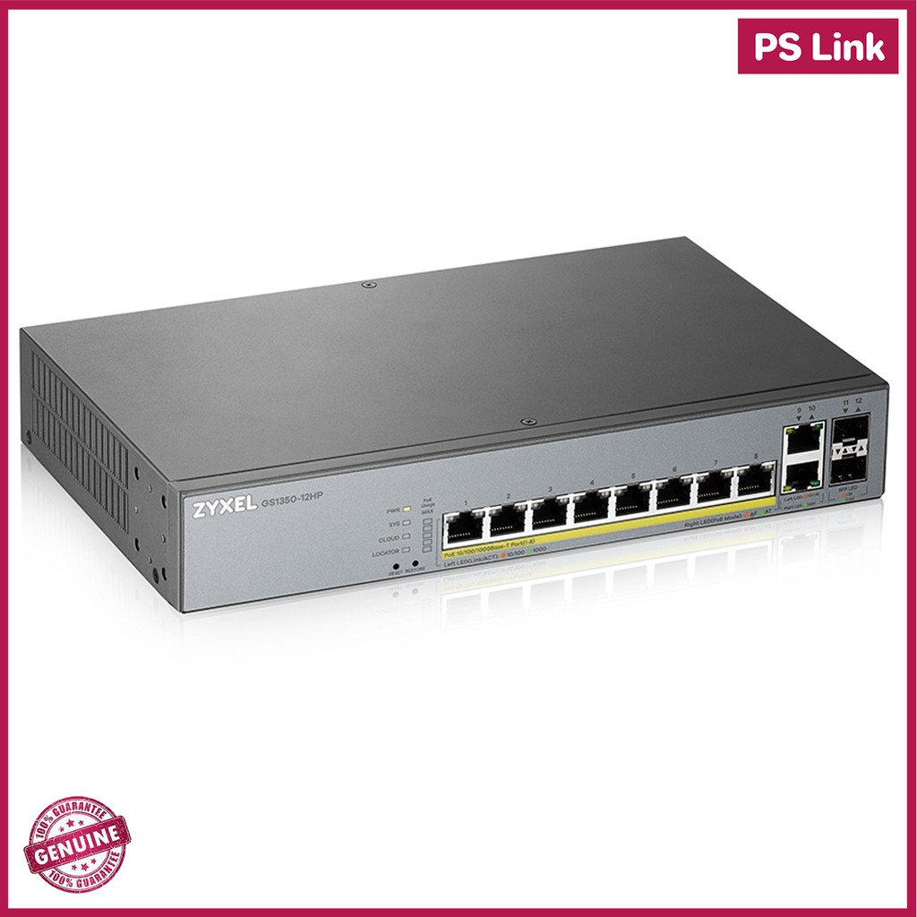 Zyxel 8-port GbE Smart Managed PoE Switch with GbE Uplink (GS1350-12HP)