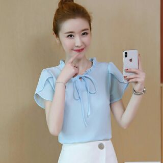 เสื้อสีฟ้าชีฟองแขนสั้นรุ่นใหม่
