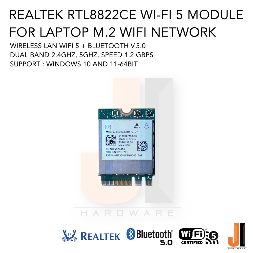 Realtek RTL8822CE Wi-Fi 5 M.2 wireless lan + bluetooth v.5.0 dual band 2.4Ghz speed 1.2 Gbps (ของใหม
