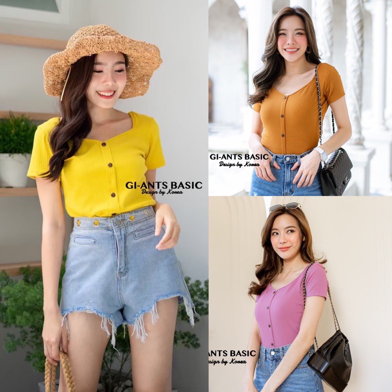 Gi-ants​ BASIC     คอดินสอกระดุมแขนสั้น ผ้าร่องสลับ​ CARDIGAN_NISTA (GIA1C)