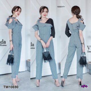Jumpsuit จัํมสูทขายาวผ้าทอลายสก๊อตเนื้อดีอยู