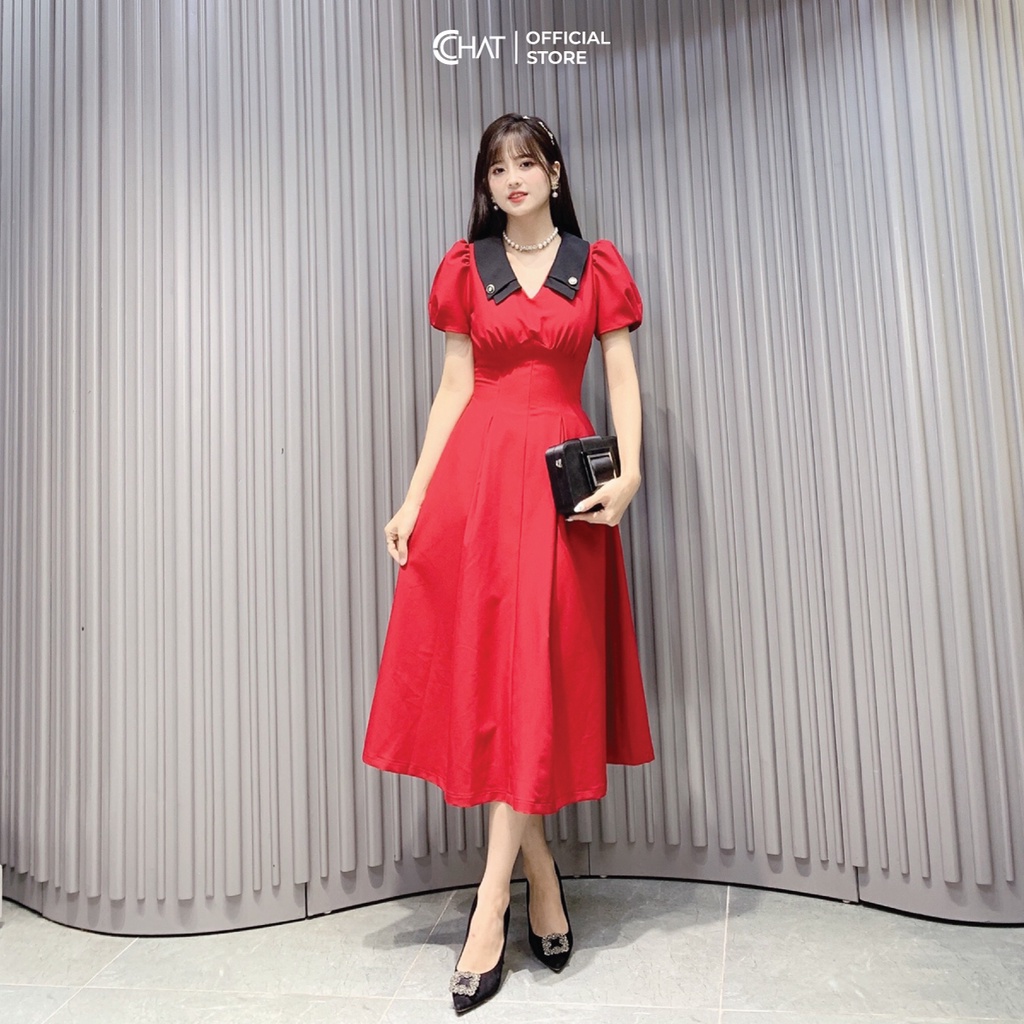 ชุดเดรสผู้หญิง CCHAT แขนสั้น 2 ชั้น คอปกบาน หรูหรา สไตล์อ่อนเยาว์ 12VNS8006XT