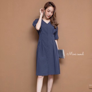 New!!!!! Button V Dress เดรสคอวีแขนสั้นกระดุมหน้า แต่งแขนพองนิดๆ